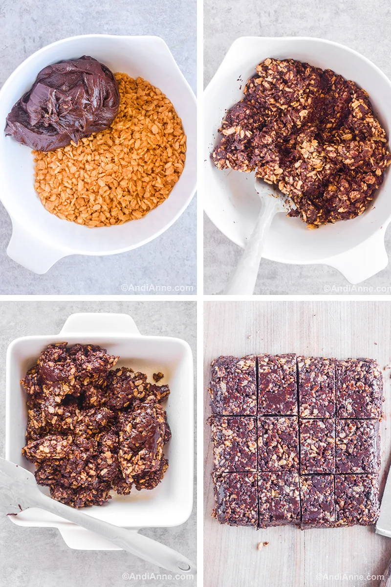 Four images showing steps to make recipe. First is bowl of rice krispies cereal and melted chocolate mixture dumped on top. Second is bowl with mixed rice krispies in chocolate batter. Third is square baking dish with chocolate rice crispy ingredients dumped in and a spatula. Four is rice crispy treats sliced into squares on the counter.