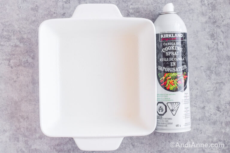 White baking dish and nonstick cooking spray.