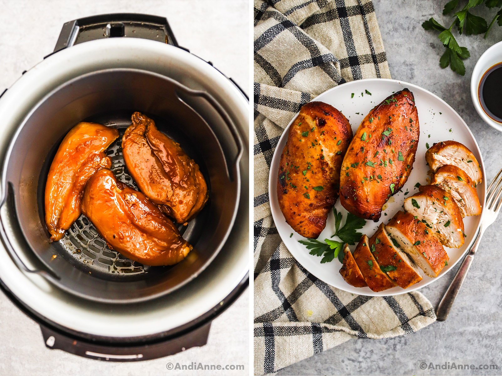 Two images, first is looking down inside air fryer with three soy sauce chicken breasts. Second is three baked chicken breasts on white plate, one is sliced into pieces. 