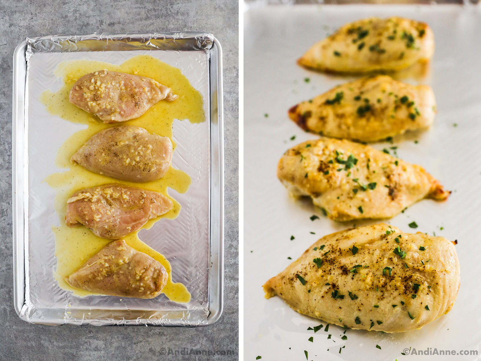 Two images, first is four lemon garlic marinted chicken breasts on a baking sheet. Second is baked chicken on baking sheet.