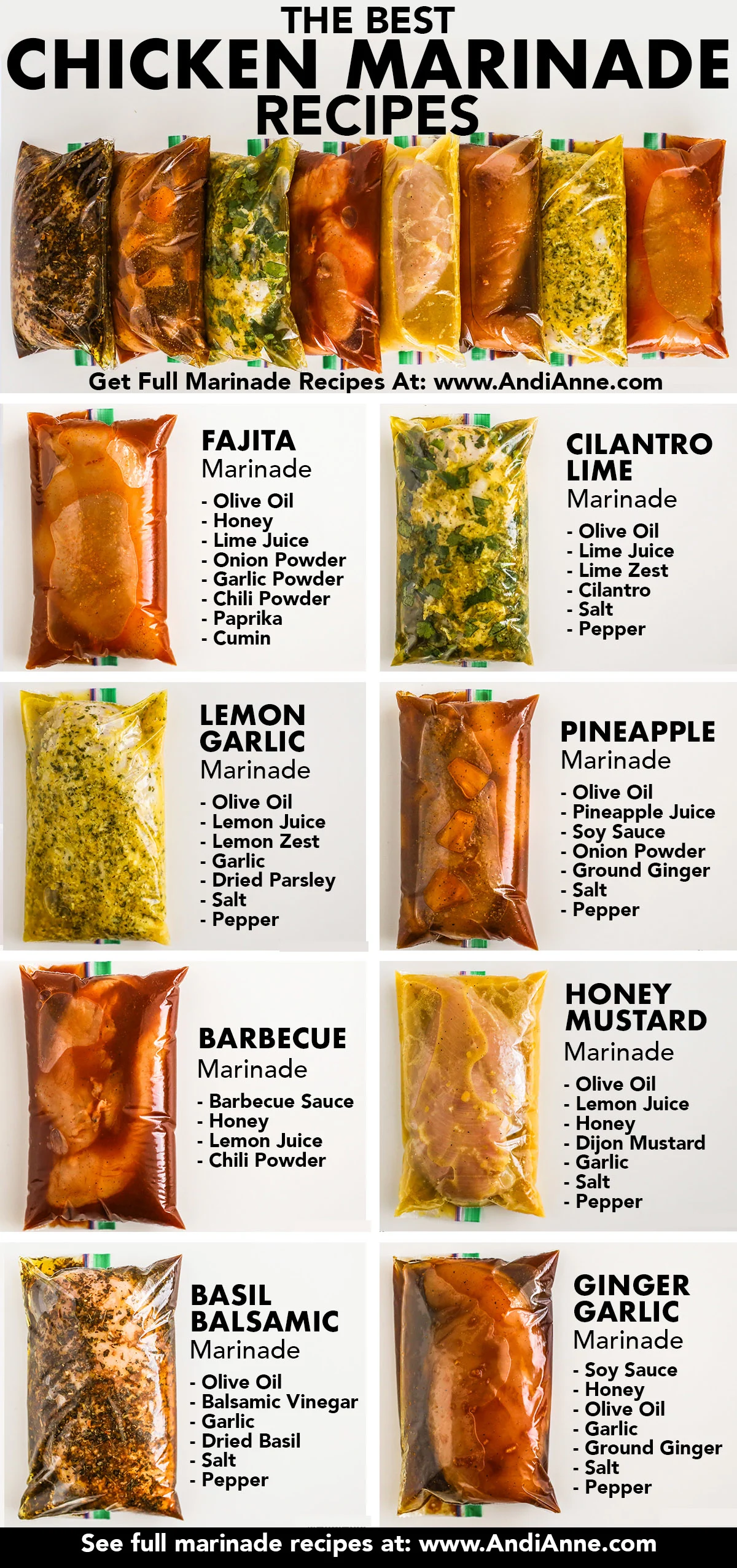 A full list of chicken marinades in ziploc bags, each with title and ingredients list written beside each one. The title "the best chicken marinade recipes" at the top.