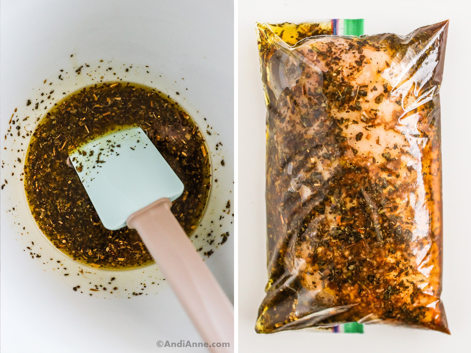 Bowl with sauce and herbs, and bag with sauce, raw chicken and herbs