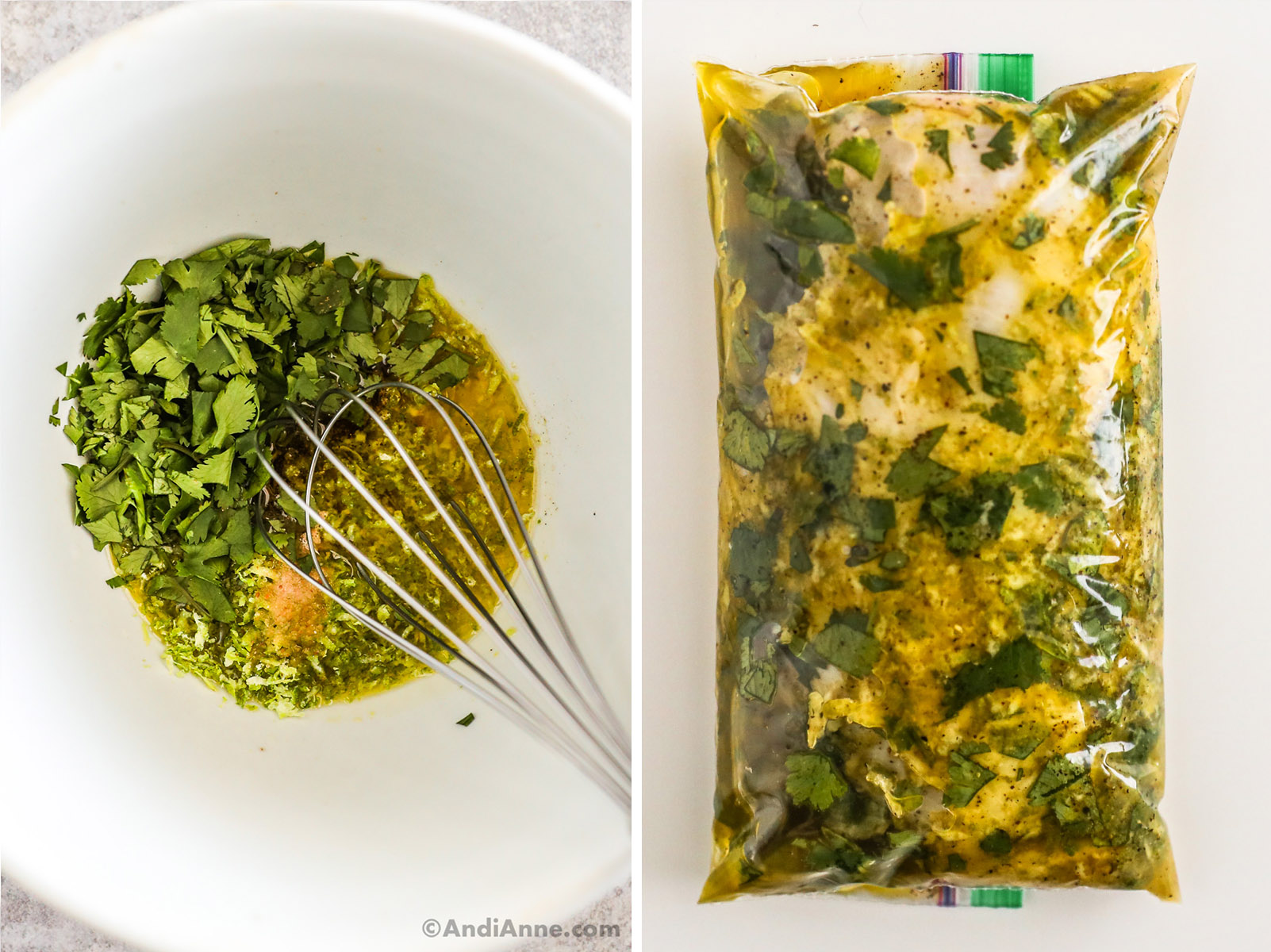 A white bowl with chopped cilantro and various yellow ingredients and a whisk. Second image is a bag with raw chicken breast covered in the yellow marinade sauce with chopped cilantro.