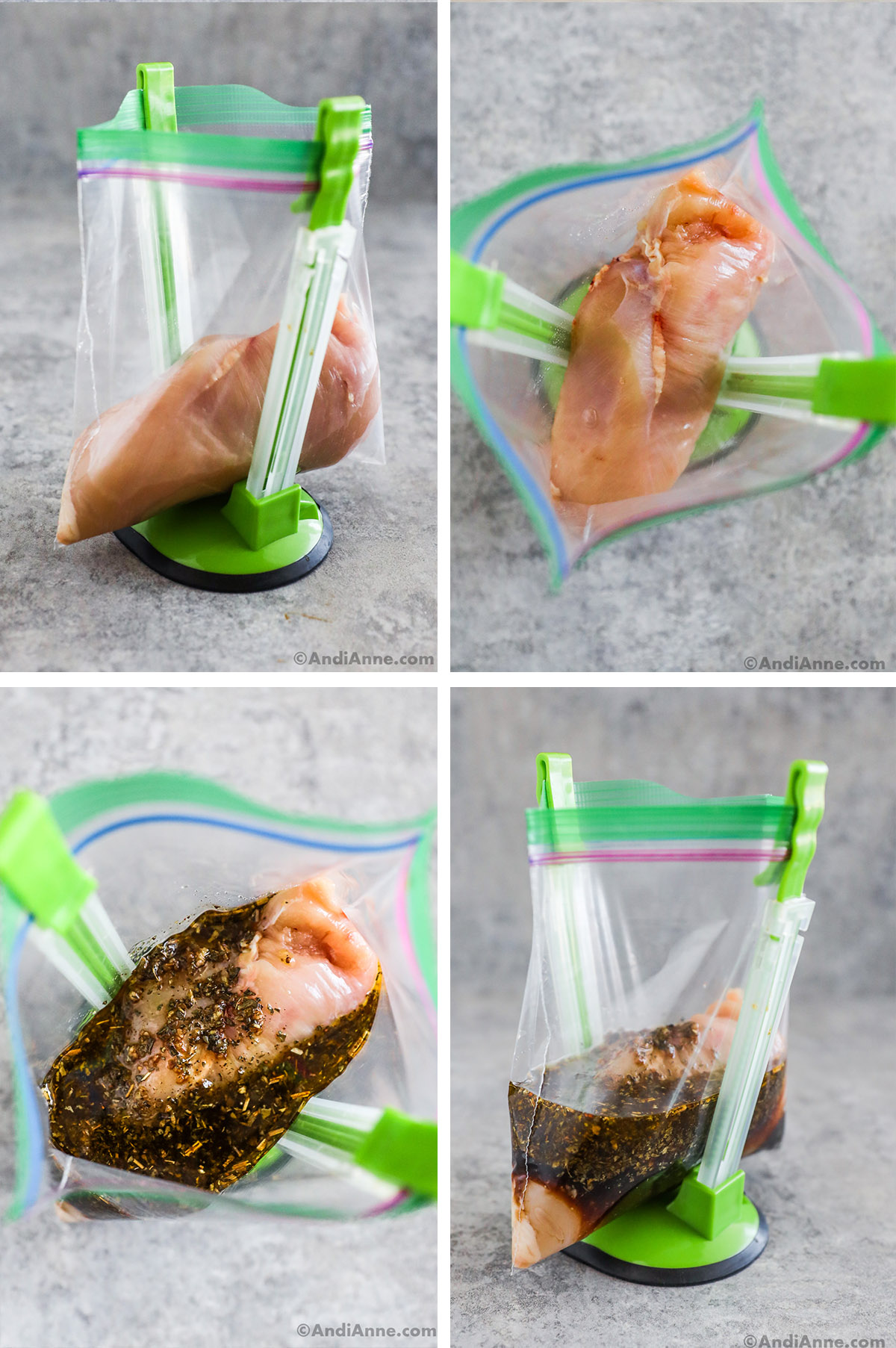 Four images grouped together, First is raw chicken breast in ziploc bag with a stand holding it up. Second is looking down into the bag. Third is marinade ingredients dumped in. Fourth is side angle of chicken with marinade in plastic bag with green stand.