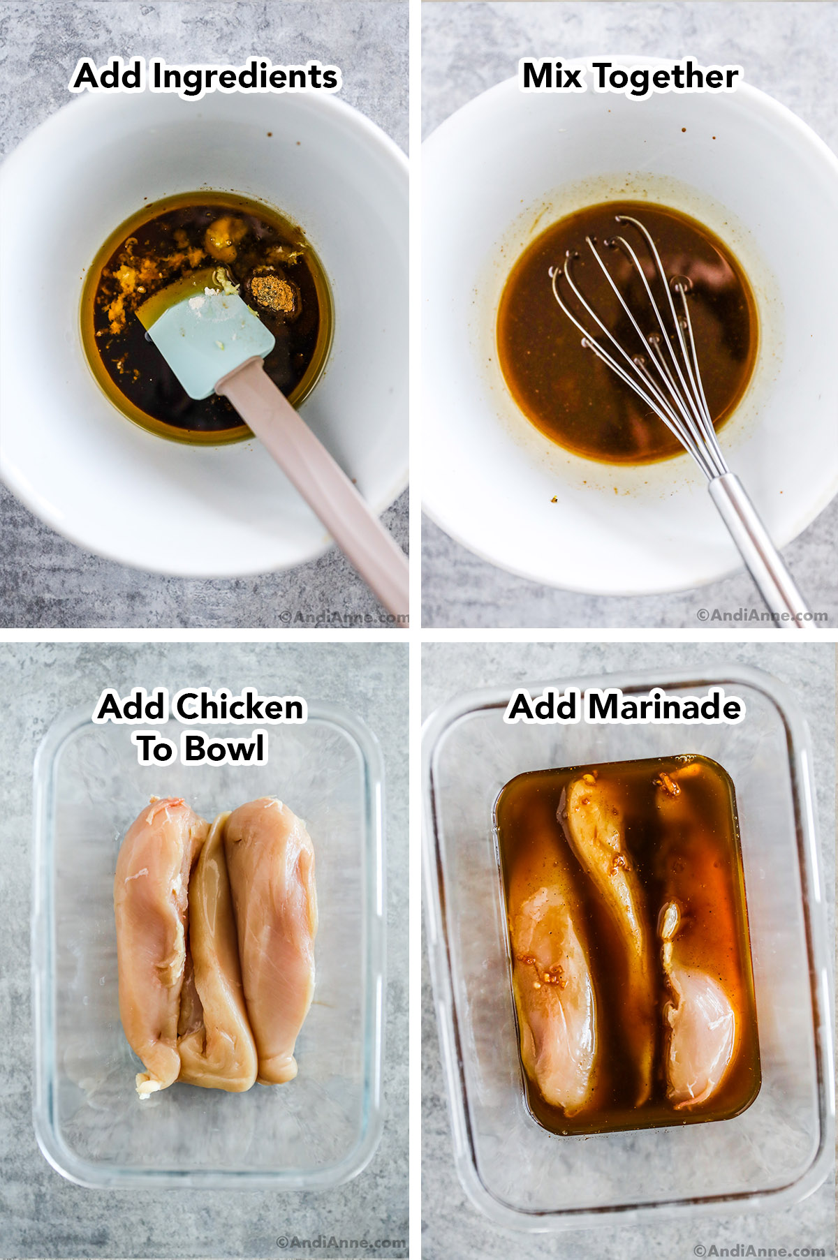 Four images grouped together. First is bowl with various marinade ingredients and spatula. Second is a whisk and brown liquid. Third is a glass bowl with three raw chicken breasts. Four this marinade poured overtop of raw chicken breasts in bowl.