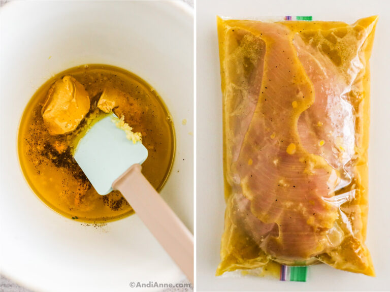 honey mustard marinade in a bowl, then in a bag with raw chicken.