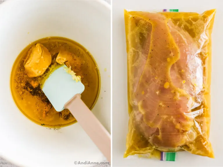 honey mustard marinade in a bowl, then in a bag with raw chicken.