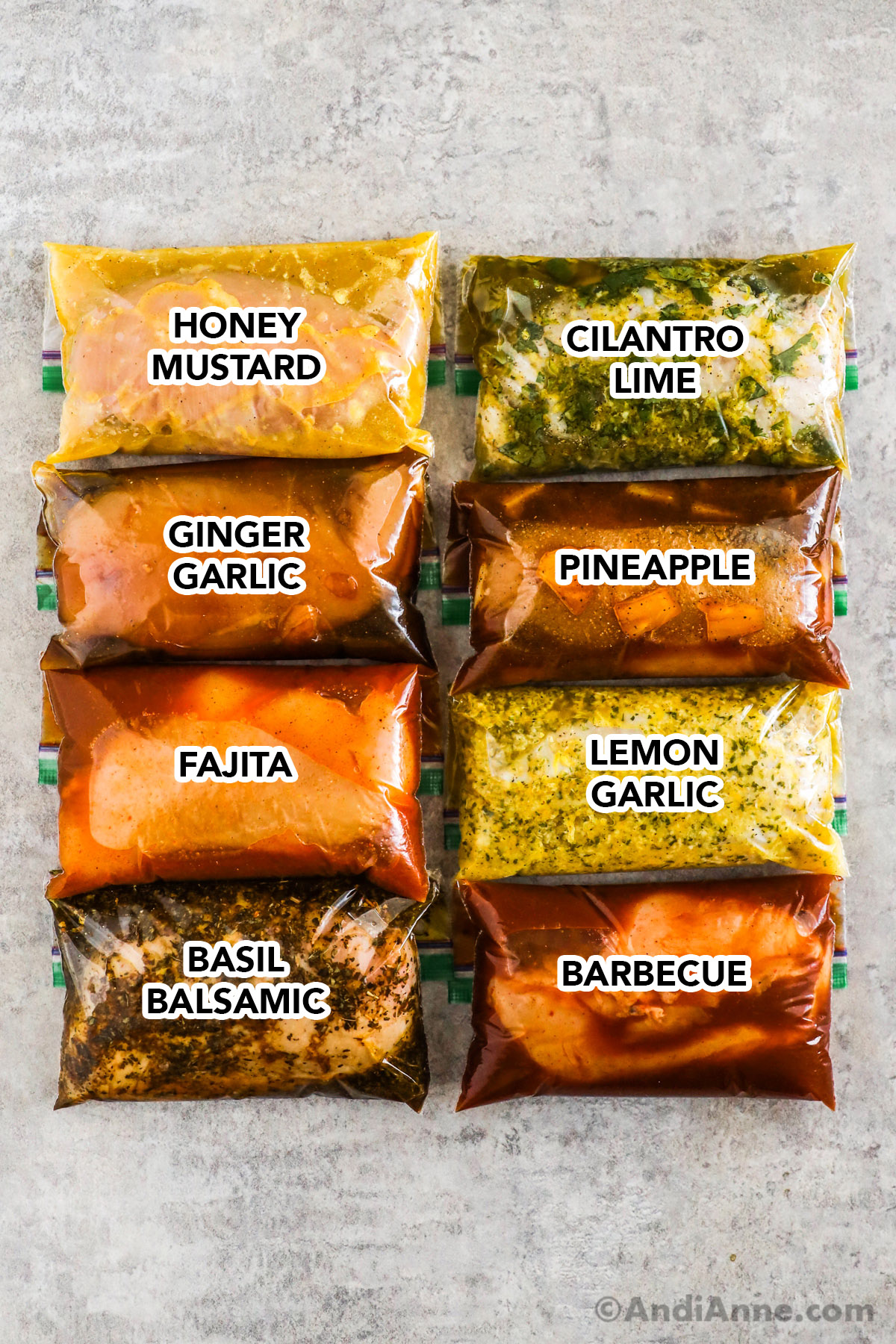 8 raw chicken breasts in ziploc bags with marinade in each. Flavors include honey mustard, cilantro lime, ginger garlic, pineapple, fajita, lemon garlic, basil balsamic, and barbecue.
