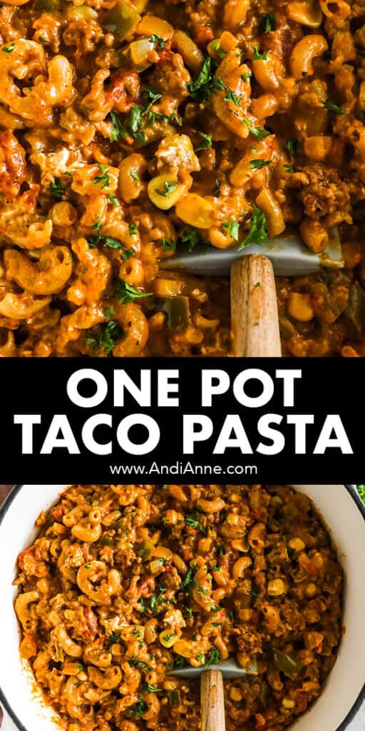 One pot taco pasta recipe in a white pot with close up.