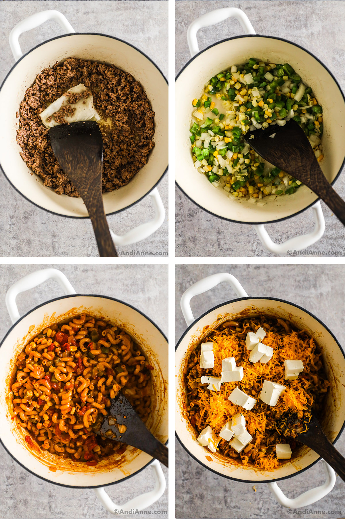Four images of a white pot showing steps to make recipe. First is browned beef with a paper towel and spatula in pot. Second is chopped bell pepper and onion with corn in the pot. Third is cooked pasta noodles with vegetables covered in a tomato sauce. Fourth is shredded cheese and cubes of cream cheese on top of the recipe.