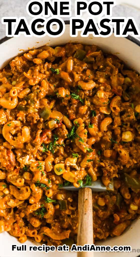One pot taco pasta recipe with a spatula.