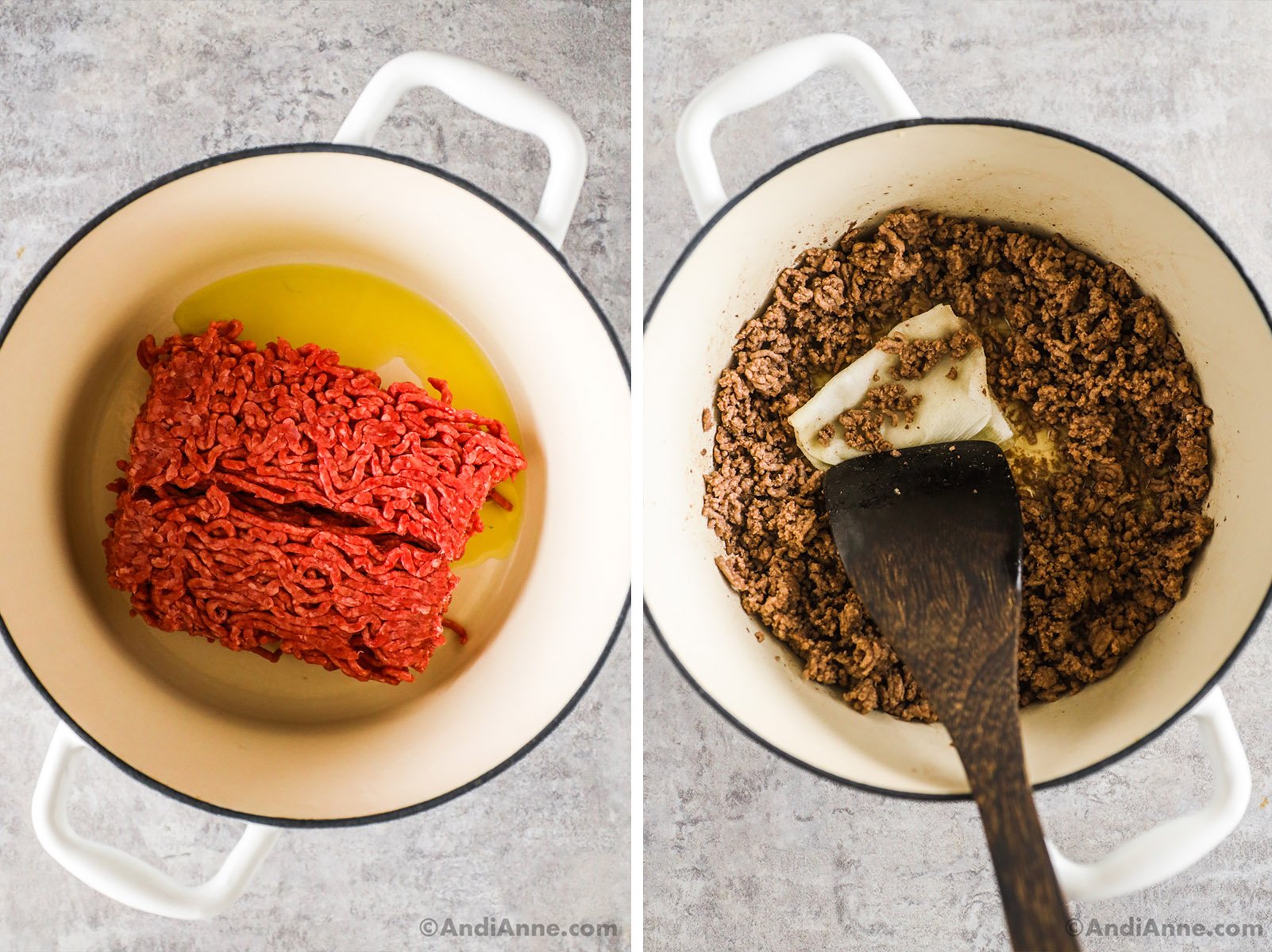 Two images of a white pot. First with raw ground beef. Second with cooked ground beef and a folded paper towel absorbing grease with a spatula.