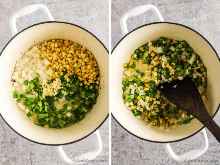 Two images of a white pot. First with chopped raw onion, garlic, corn and bell pepper. Second with cooked vegetables.