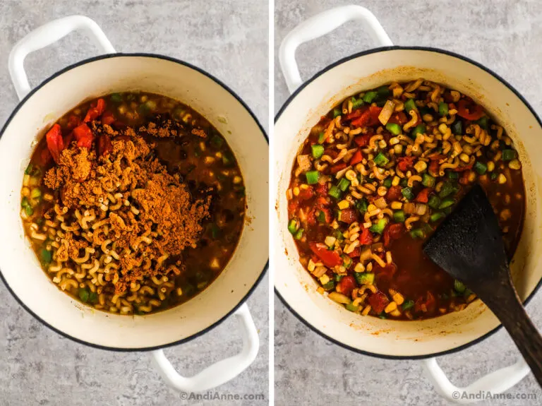 Two images of a white pot. First with spice and diced tomatoes dumped overtop of cooked vegetables. Second with ingredients mixed together.
