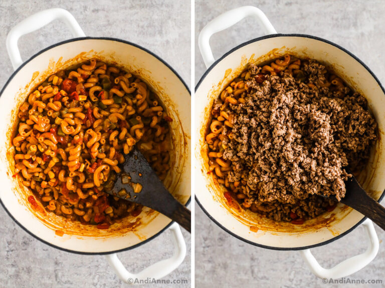 Two images of a white pot, first with cooked pasta ingredients, second with cooked ground beef dumped on top.