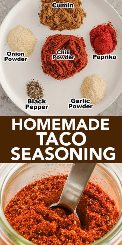 a jar of homemade taco seasoning, and a plate with piles of spices including chili powder, cumin, paprika, garlic powder, onion powder and pepper.