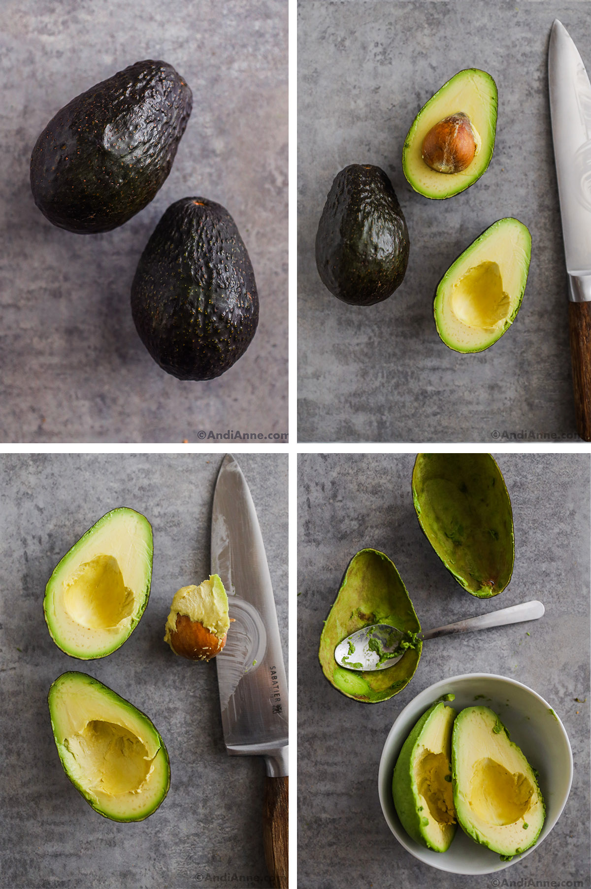 Four images showing two avocados being sliced with a knife and scooped with a spoon.