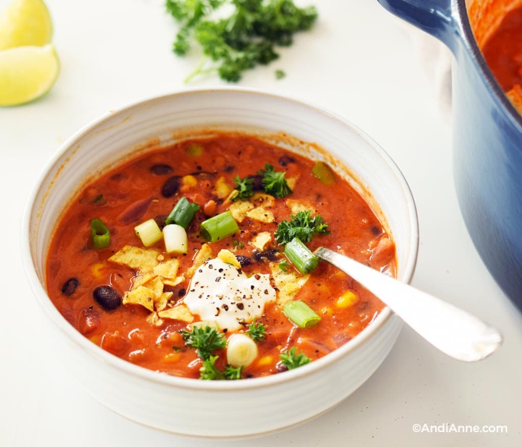 lentil tortilla soup in a white bowl with sour cream. Spoon in a bowl.