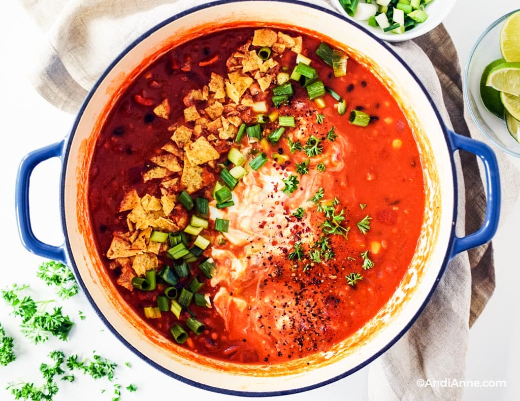 lentil tomato soup in a large blue pot sprinkled with crushed tortilla chips, chopped green onion, and parsley.