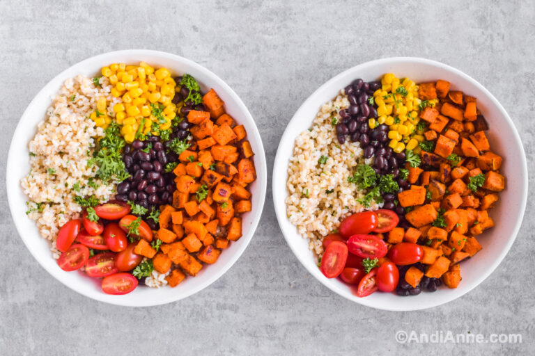 Two bowls of rice, sweet potato, black beans and corn.