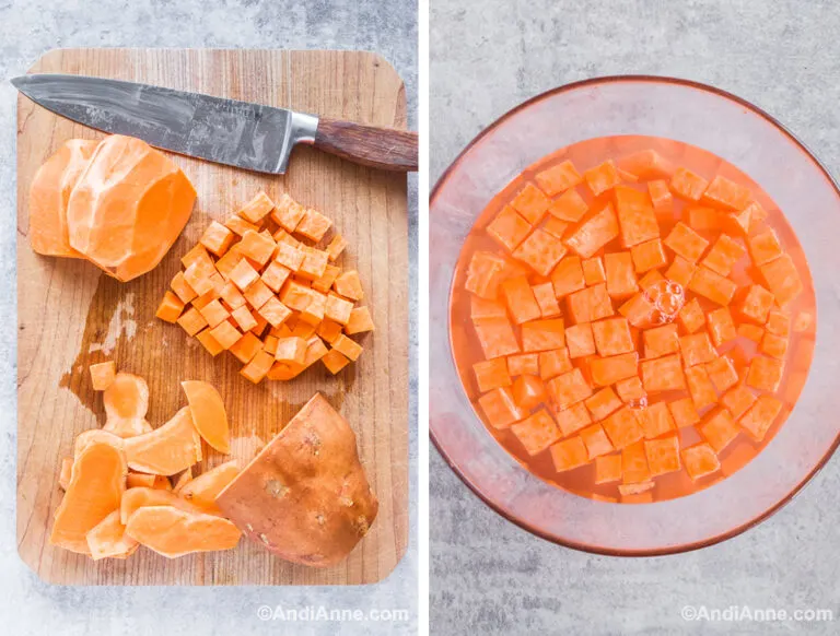 Two images: bowl of chopped sweet potato in water, and cutting board with chopped sweet potato and knife.