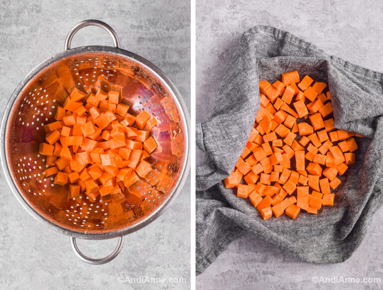 Strainer with chopped sweet potato and kitchen towel with chopped sweet potato inside.