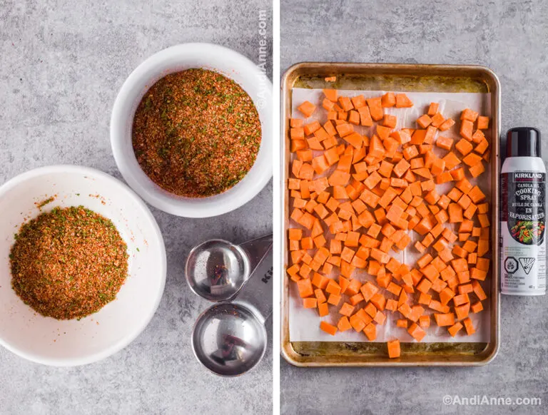 Two bowls of spices with measuring spoons. A baking sheet with raw chopped sweet potato and cooking spray.