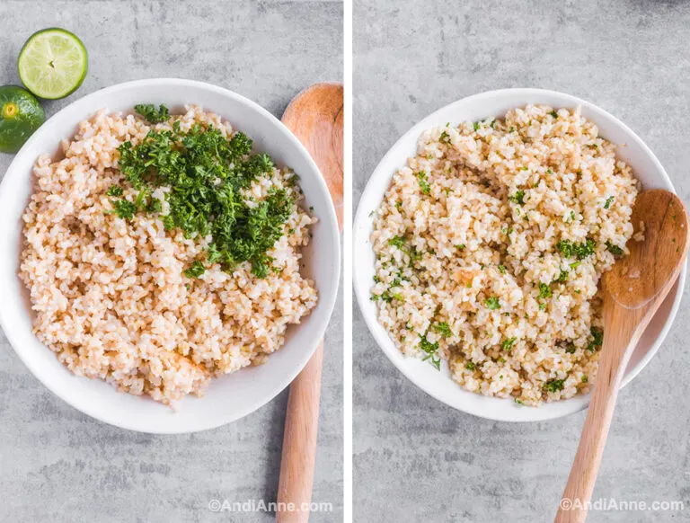 Two images of a white bowl: first with rice and parsley on top, lime on side. Second is mixed parsley in rice.