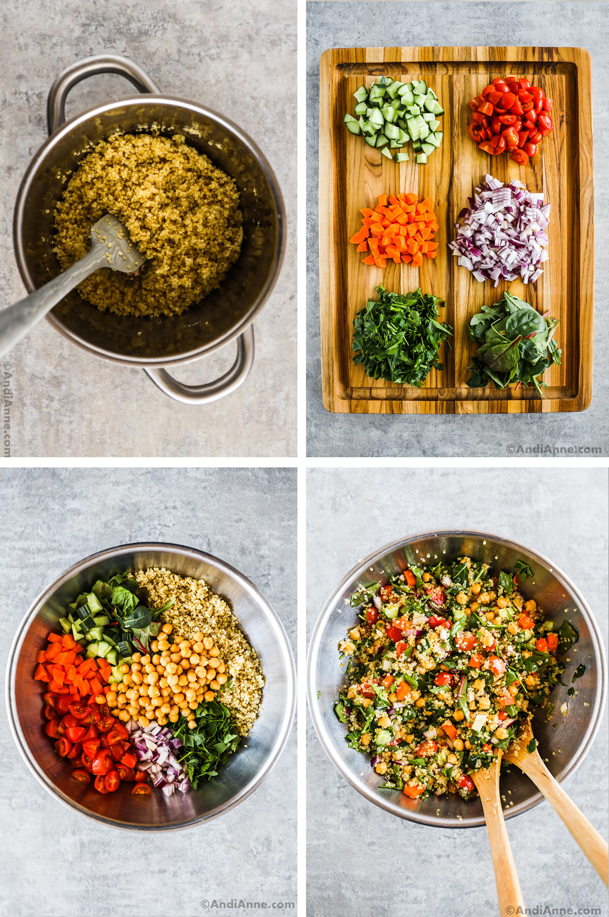 Four images. First is cooked quinoa in a pot with spatula. Second is groups of chopped vegetable on a cutting board. Third is vegetables dumped in a bowl. Fourth is final quinoa salad in steel bowl with wood serving spoons.
