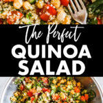 The best quinoa salad recipe in a bowl and close up.