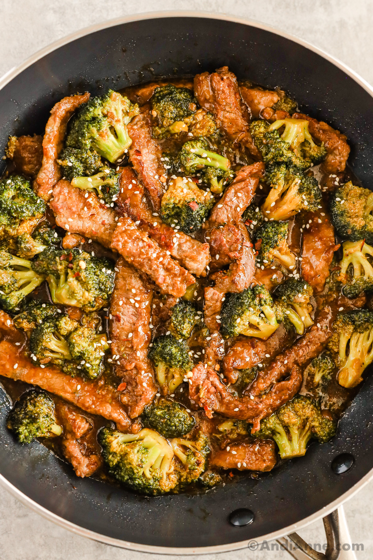 Close up of beef and broccoli recipe in a frying pan
