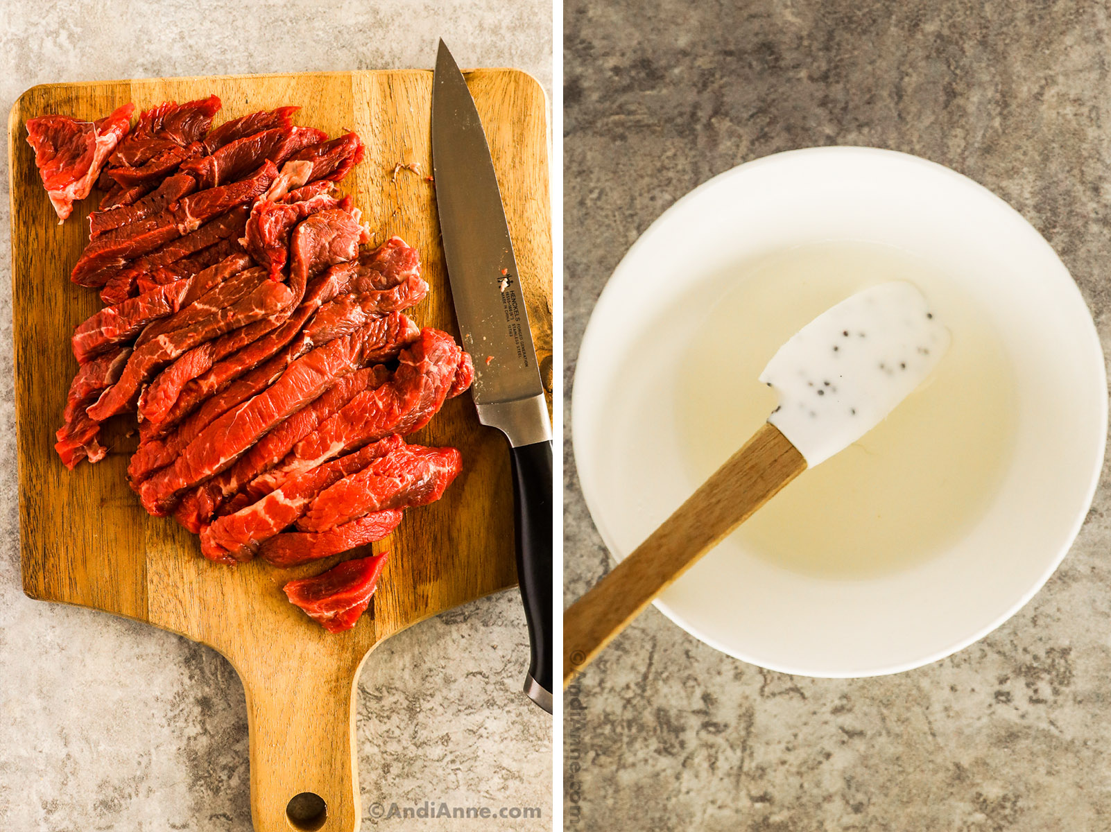 Beef sliced into thin strips and a bowl of cornstarch liquid