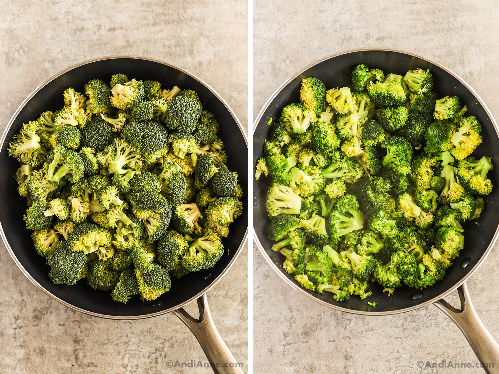 Broccoli florets in a frying pan, first raw, then steamed and cooked
