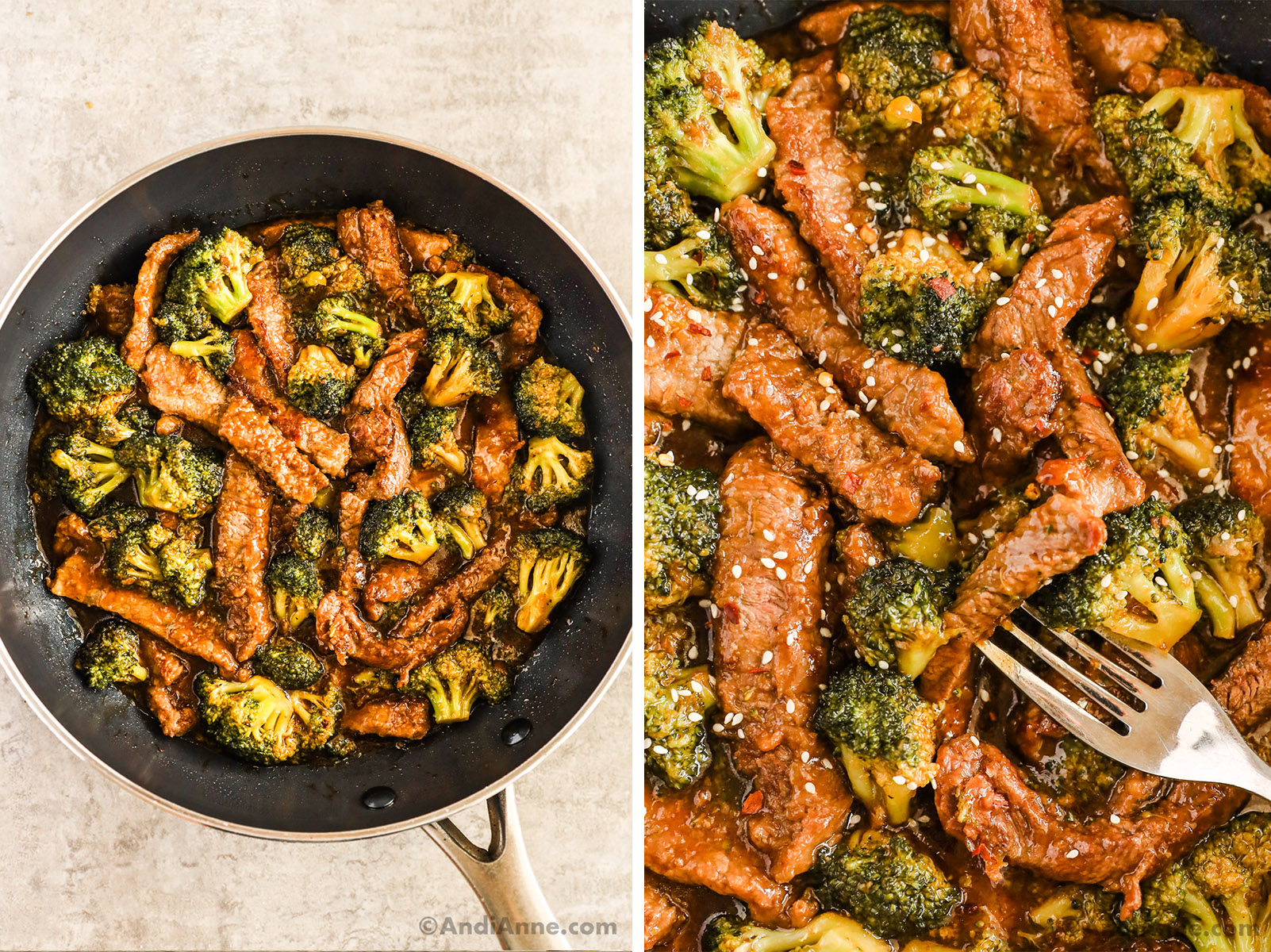 Beef and broccoli recipe in a frying pan 