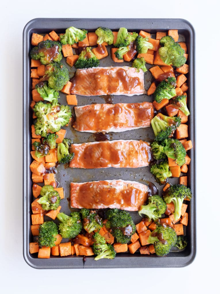 Sheet pan teriyaki salmon with broccoli and sweet potato surrounding it