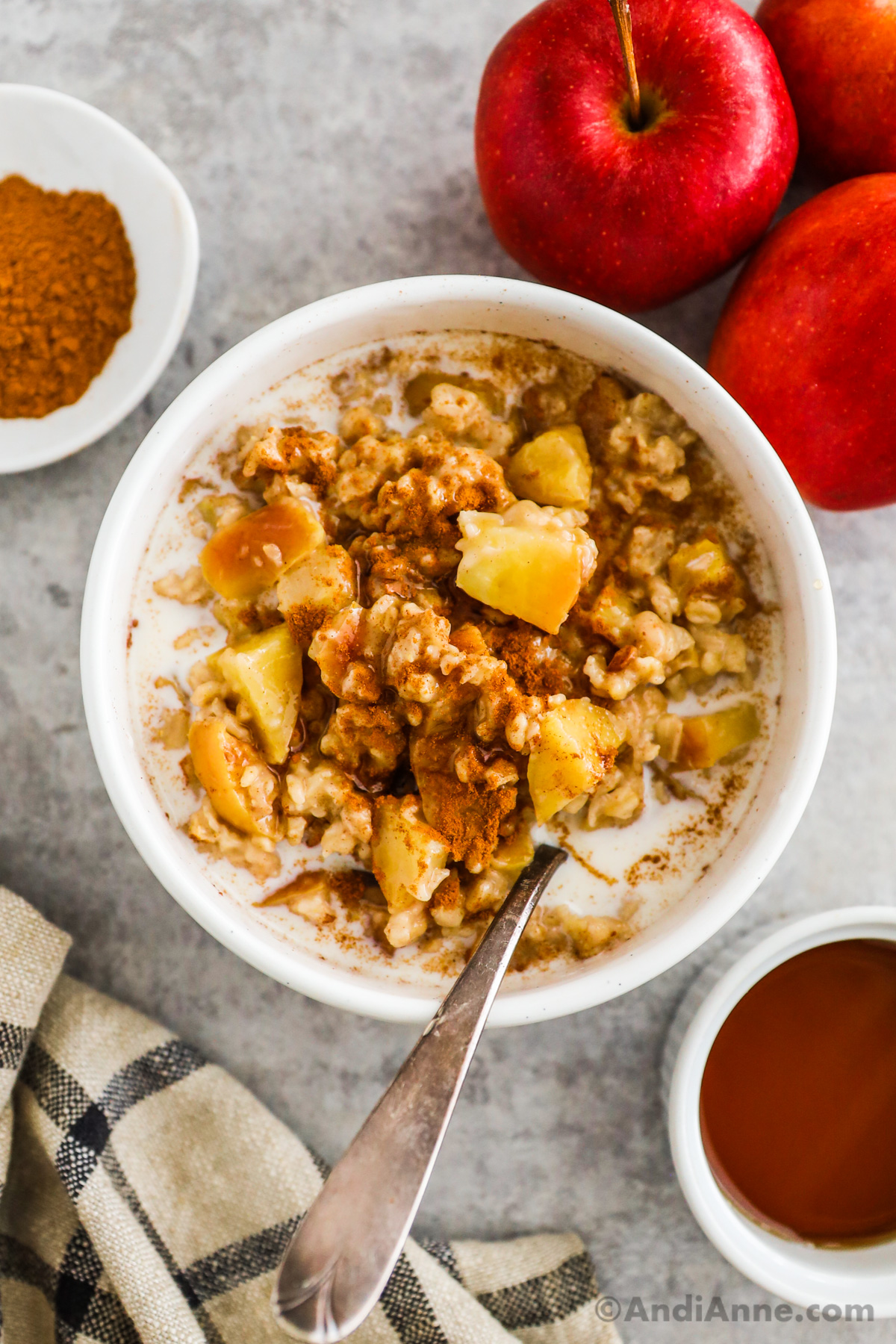 A bowl of apple cinnamon oatmeal with a spoon, surrounded by fresh red apples and spices.