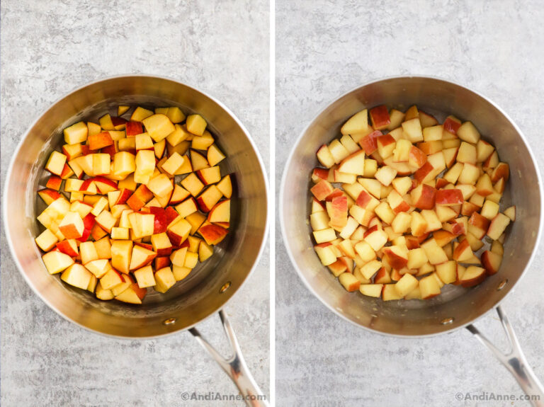 Chopped apples in pot, first raw, then cooked and soft.