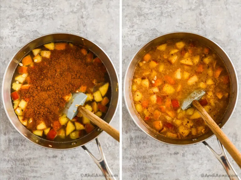 Cinnamon and nutmeg dumped overtop of apples in pot. Then cinnamon mixed with liquid and apples in pot.