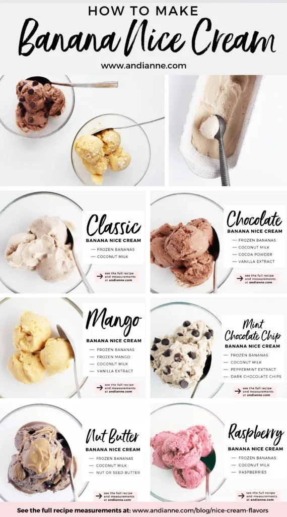 banana nice cream all flavors in glass bowls with spoons and ingredients list in text