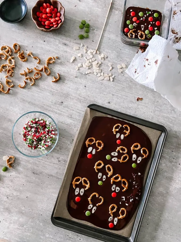 reindeer chocolate bark assembly with candies