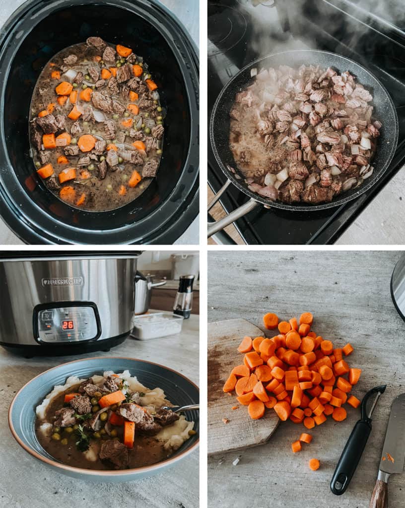 slow cooker beef stew steps to making it - in crockpot and cooking beef in frying pan on stove