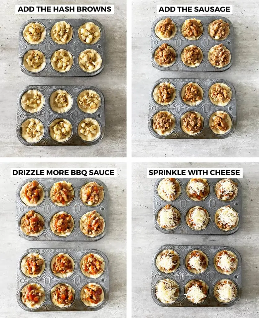 how to assemble the breakfast sausage biscuit muffins in muffin tins