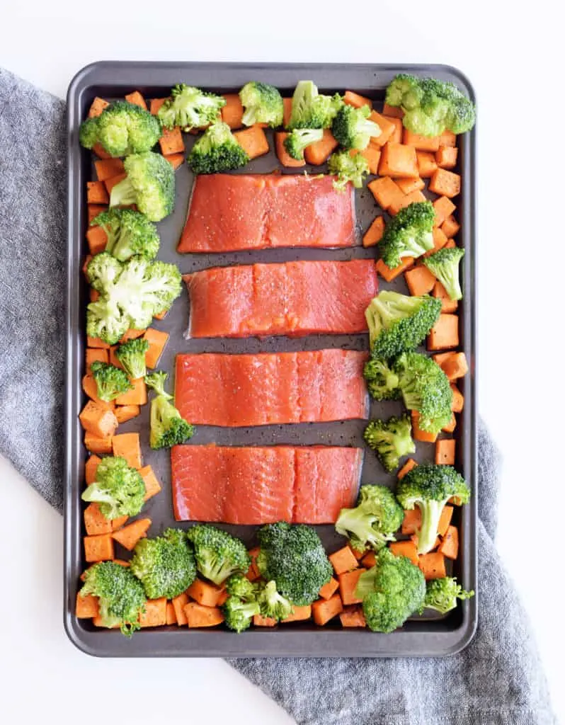raw teriyaki salmon on a baking sheet surrounded by raw broccoli and chopped sweet potato