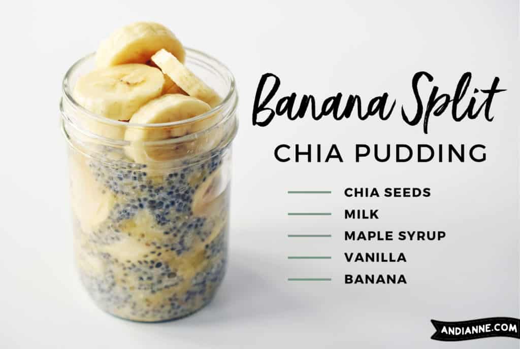 banana split chia pudding in mason jar with ingredients in text