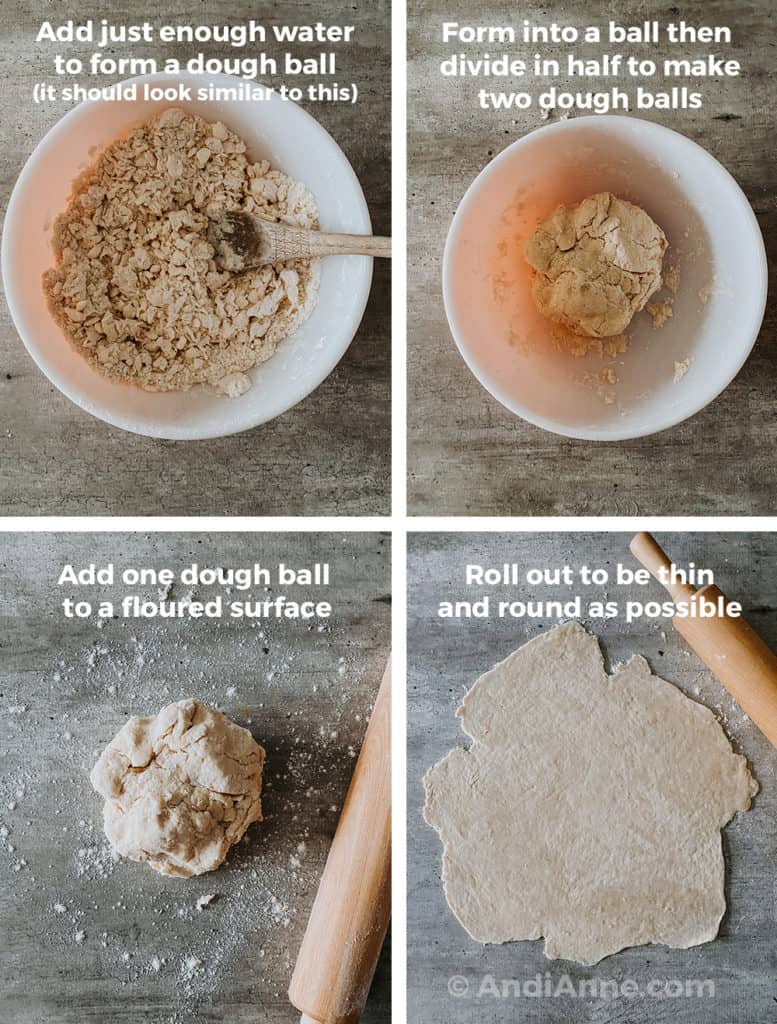 Four images together. Crumbly batter in bowl with spoon. Dough in a ball in the bowl. Dough on floured counter top with rolling pin. Dough rolled round with a rolling pin on counter.