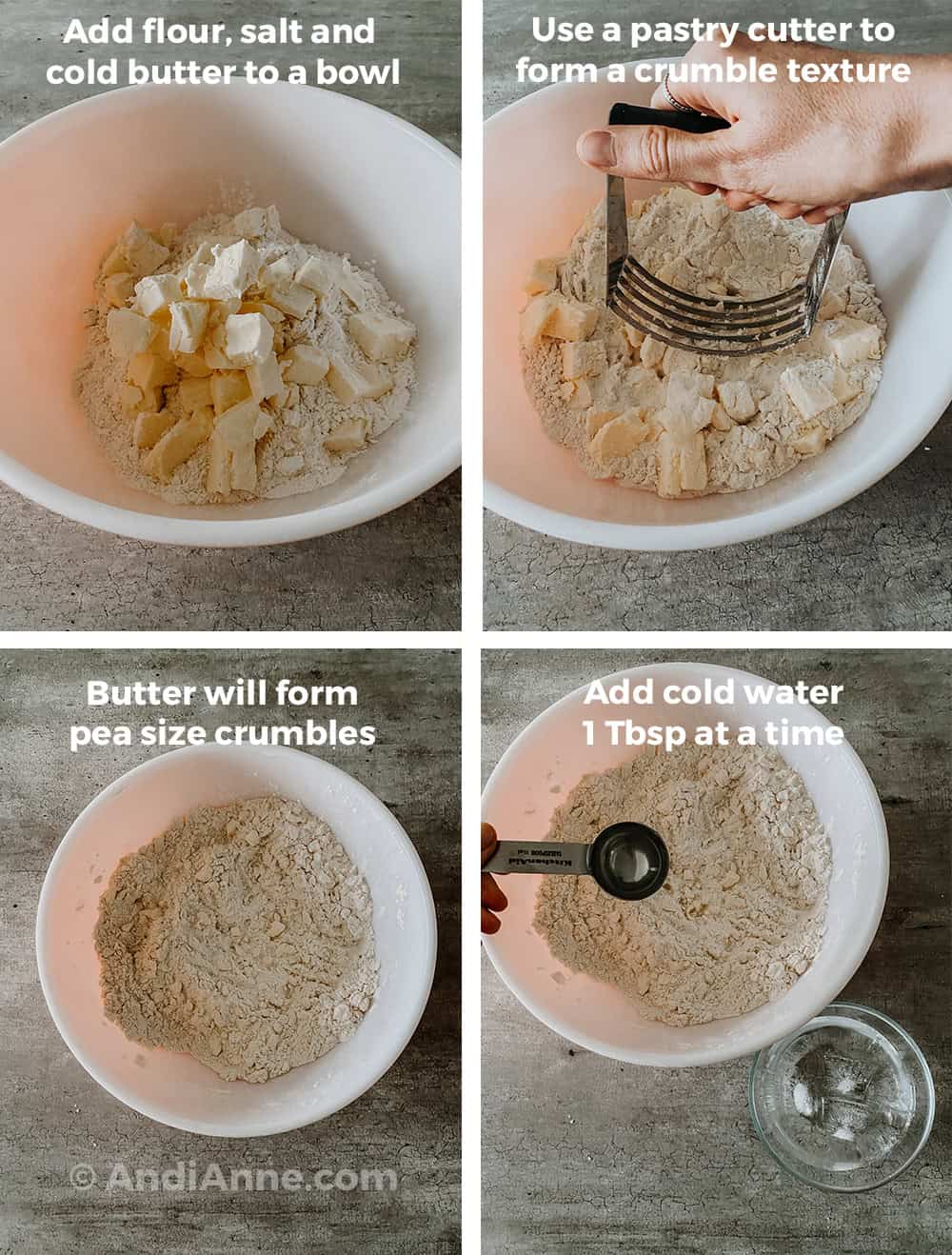Four images together. All illustrating how to mix flour and butter together in a bowl, first using the pastry cutter to crumble pieces. Then starting to add the ice cold water with a spoon.