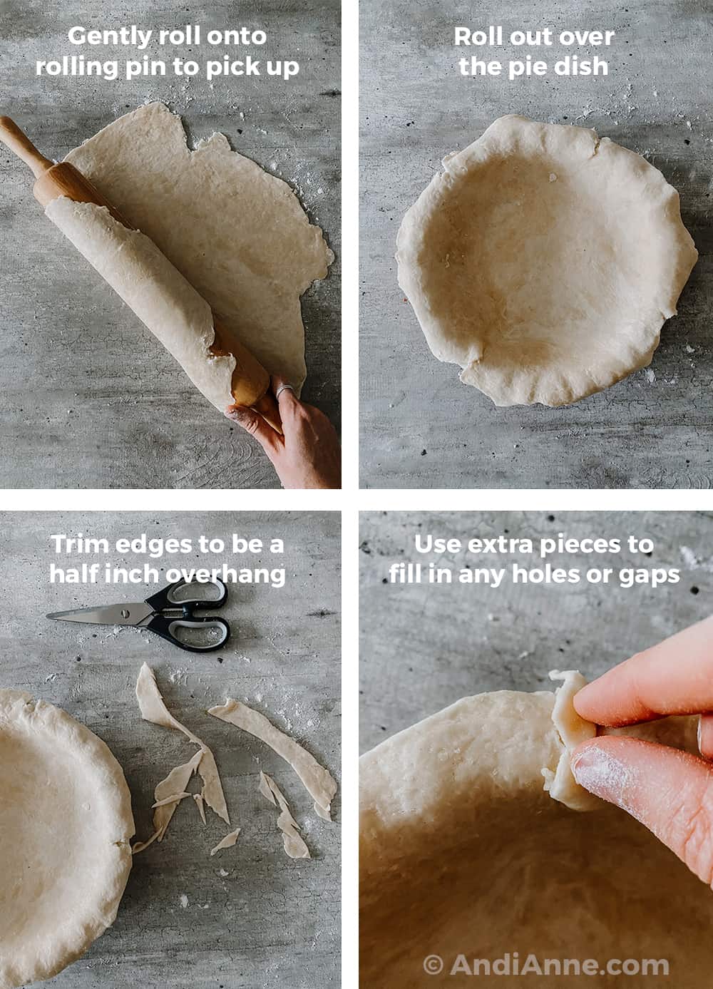 Four images. Dough rolled over rolling pin. Dough press into pie plate. Trimmed pie dough edges with kitchen shears beside. Placing pie dough scraps into a small hole in the dough with fingers.