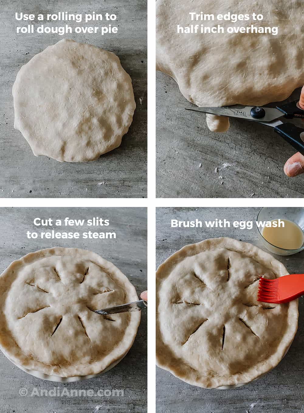 four images. Pie dough over top of pie plate on counter. Trimming edges of pie dough with kitchen shears. Using sharp knife to cut slits in top of pie before baking. Brushing dough with egg wash and red silicone brush.