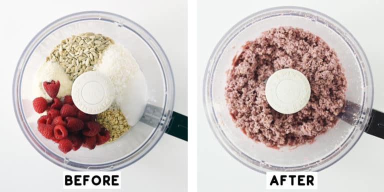 food processor with ingredients before blending and after blending