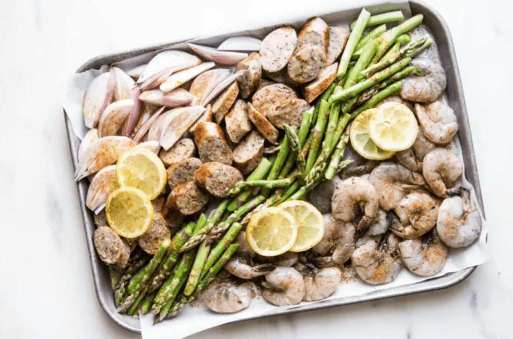 shrimp, sausauge, asparagus sheet pan meal